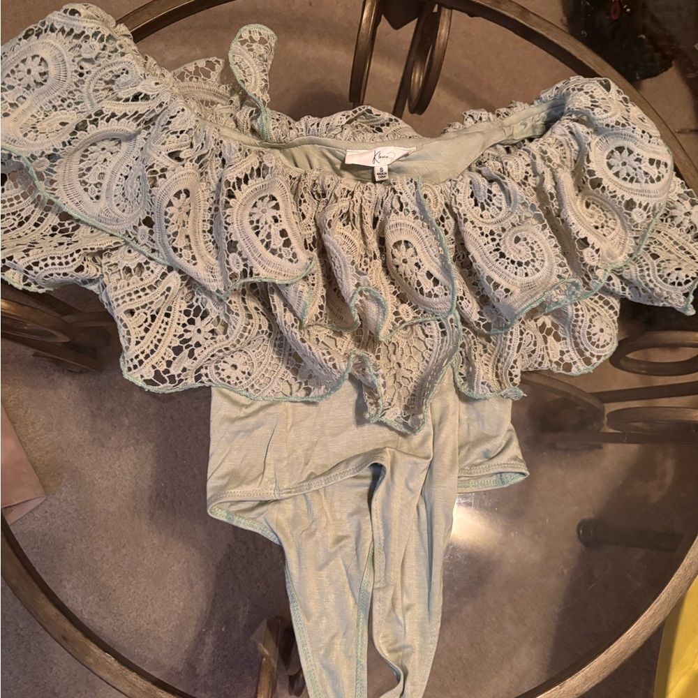 Lace Off-Shoulder Thong Bodysuit in Mint Green